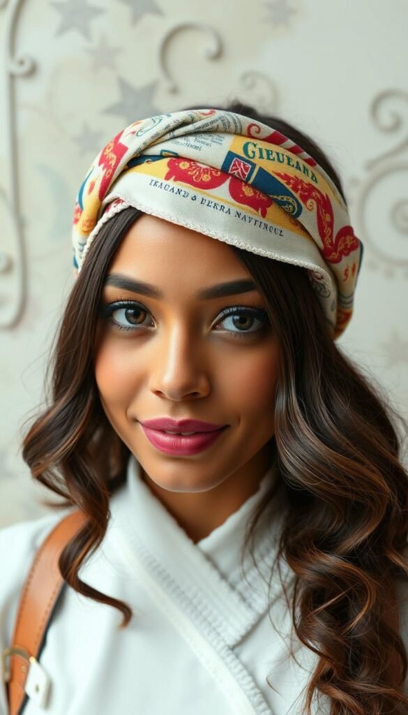 Create an image of a vintage fabric headband being worn.