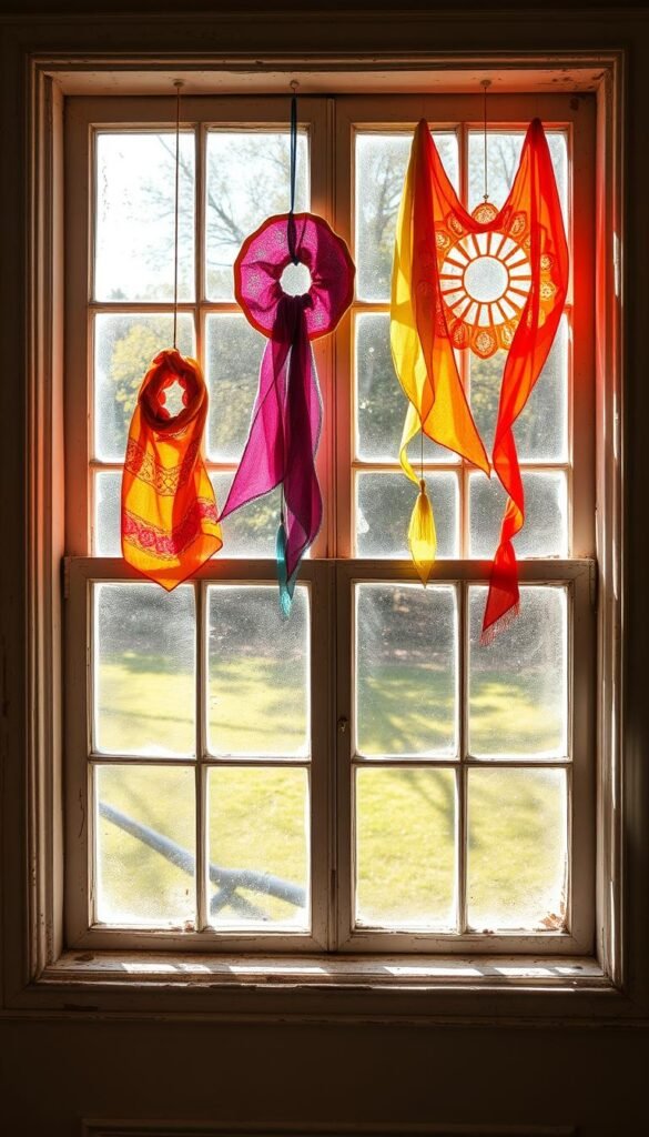 Create an image of a window with vintage scarf sun catchers hanging from it, reflecting colorful patterns. Create an image of a window with vintage scarf sun catchers hanging from it, reflecting colorful patterns.