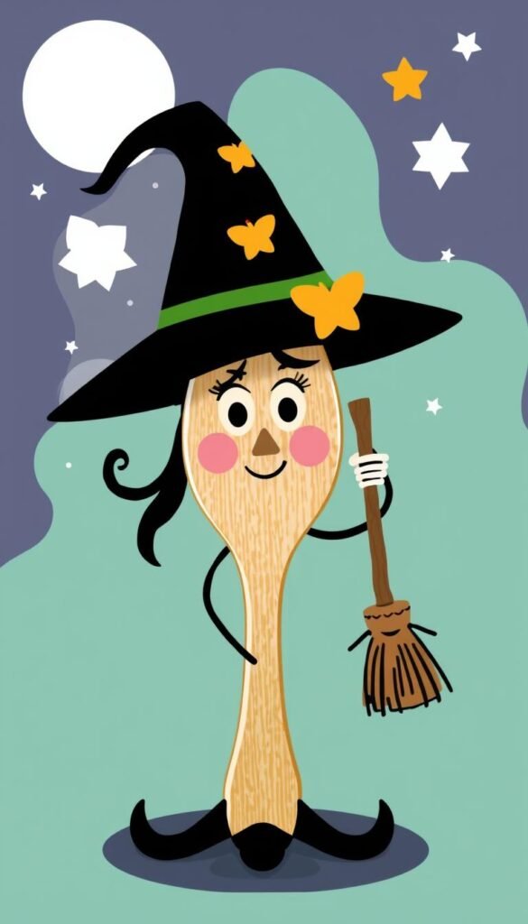 Create an image of a witch made from a wooden spoon, with a hat and broomstick. Create an image of a witch made from a wooden spoon, with a hat and broomstick.