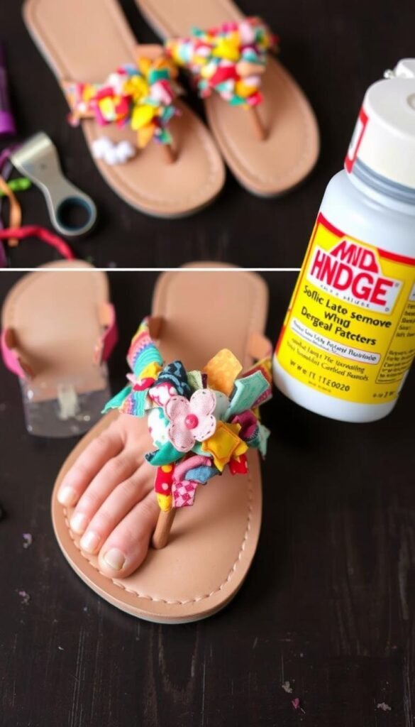 Create an image of sandals being customized with fabric scraps and Mod Podge.