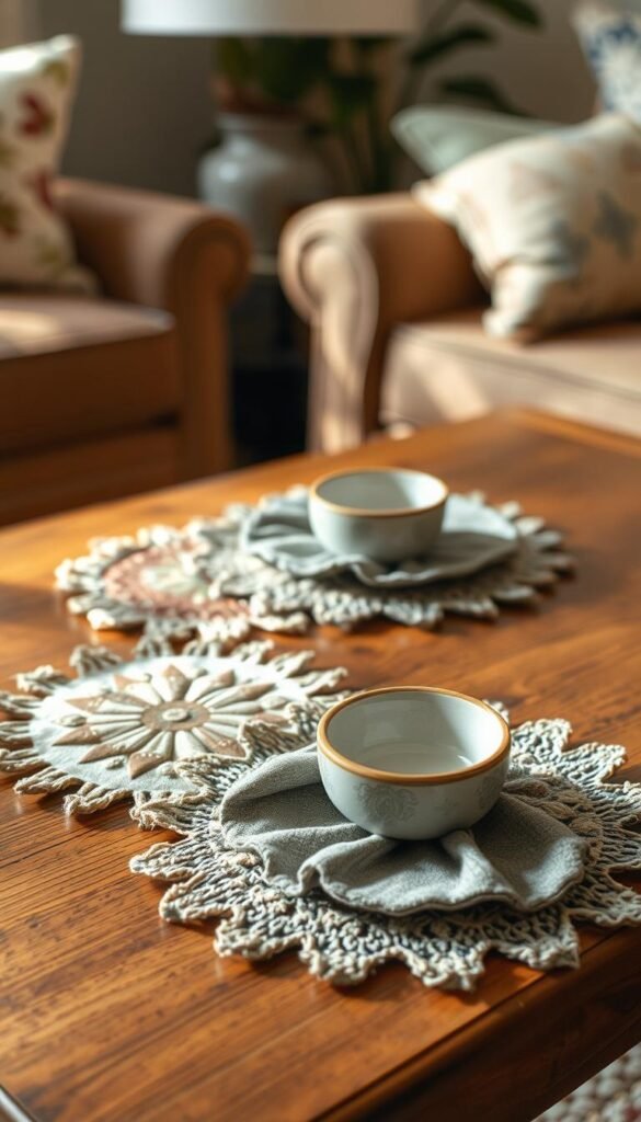 Create an image of vintage fabric coasters on a coffee table.