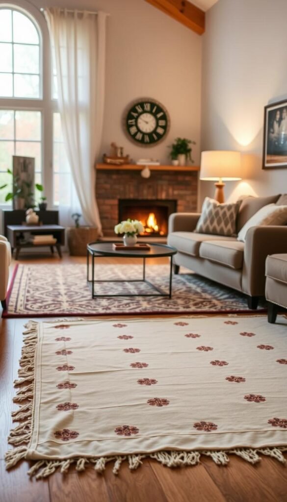 Display a DIY fabric floor cloth in a cozy living room setting. Display a DIY fabric floor cloth in a cozy living room setting.