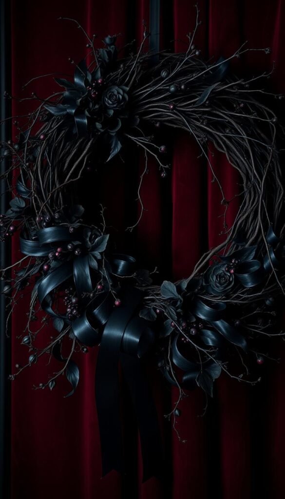 Dramatic Gothic Halloween wreath, draped in layers of dark, moody foliage. Twisted branches intertwine, adorned with delicate, ebony-hued flowers and berries. Shimmering ebony ribbons cascade gracefully, contrasting against the deep crimson velvet backing. Moody lighting casts dramatic shadows, creating an air of mysterious, elegance. Captured through a vintage camera lens, the image exudes a sense of timeless, haunting beauty, perfectly suited for a glamorous, Gothic-inspired Halloween display. Dramatic Gothic Halloween wreath, draped in layers of dark, moody foliage. Twisted branches intertwine, adorned with delicate, ebony-hued flowers and berries. Shimmering ebony ribbons cascade gracefully, contrasting against the deep crimson velvet backing. Moody lighting casts dramatic shadows, creating an air of mysterious, elegance. Captured through a vintage camera lens, the image exudes a sense of timeless, haunting beauty, perfectly suited for a glamorous, Gothic-inspired Halloween display.