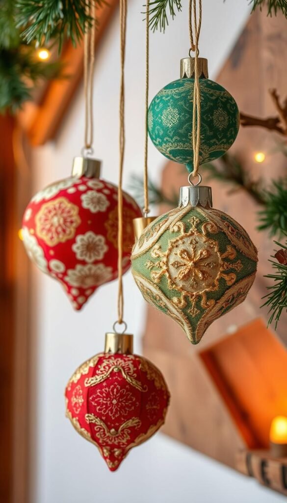 Fabric scrap Christmas ornaments hanging against a warm, cozy backdrop. Intricate patterns and textures in a variety of festive hues - crimson, emerald, gold - crafted into whimsical tree decorations. Soft, natural lighting illuminates the handmade details, casting a gentle glow. The ornaments are arranged in a playful, asymmetric composition, conveying a sense of handcrafted charm. Hints of evergreen foliage and rustic wooden accents in the background create a comforting, seasonal atmosphere. The overall mood is one of homespun holiday cheer and the celebration of repurposed materials.