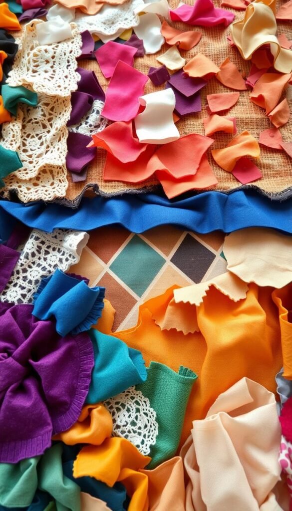 Fabric scrap collages, a vibrant mosaic of textures and colors. In the foreground, an artful arrangement of scraps in jewel-toned hues - velvet, satin, and lace. Layered in the middle, playful geometric patterns in cotton and linen. In the background, a tapestry of earthy tones and natural fibers, creating a warm, inviting atmosphere. Soft, diffused lighting casts a gentle glow, highlighting the depth and dimension of the collage. Captured with a wide-angle lens to showcase the dynamic, handcrafted composition. An imaginative, no-sew fabric craft, perfect for young creators to explore their creativity. Fabric scrap collages, a vibrant mosaic of textures and colors. In the foreground, an artful arrangement of scraps in jewel-toned hues - velvet, satin, and lace. Layered in the middle, playful geometric patterns in cotton and linen. In the background, a tapestry of earthy tones and natural fibers, creating a warm, inviting atmosphere. Soft, diffused lighting casts a gentle glow, highlighting the depth and dimension of the collage. Captured with a wide-angle lens to showcase the dynamic, handcrafted composition. An imaginative, no-sew fabric craft, perfect for young creators to explore their creativity.