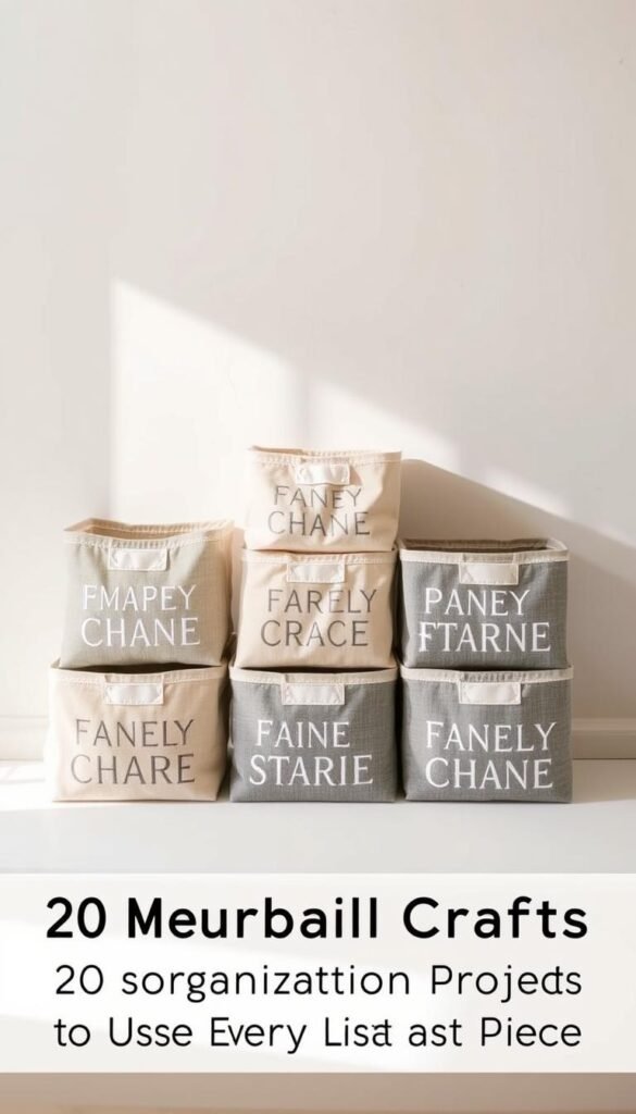 Fabric storage bins, neatly stacked in a clean, well-organized home workspace. Soft, muted tones of beige, grey, and off-white, with a touch of natural wood accents. The bins are arranged in a visually pleasing, symmetrical pattern, casting gentle shadows on the minimalist, white-walled background. Soft, diffused lighting from above creates a warm, inviting atmosphere, highlighting the tactile texture of the fabric. The composition emphasizes the practical, yet stylish nature of these storage solutions, perfectly suited for a section on "Practical Home Organization Projects" within an article about "20 Scrap Fabric Crafts to Use Every Last Piece."