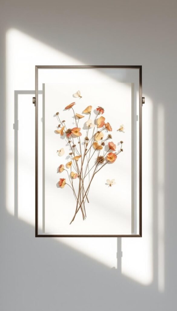 Floating frame with pressed flowers, delicate petals in muted tones, artfully arranged within a sleek, minimalist frame. Soft, natural lighting illuminates the composition, creating depth and texture. The frame hovers above a clean, white backdrop, lending an airy, gallery-like feel. Crisp shadows and subtle highlights accentuate the organic shapes and colors of the pressed blooms. An elegant, serene display that celebrates the beauty of nature's ephemeral treasures.