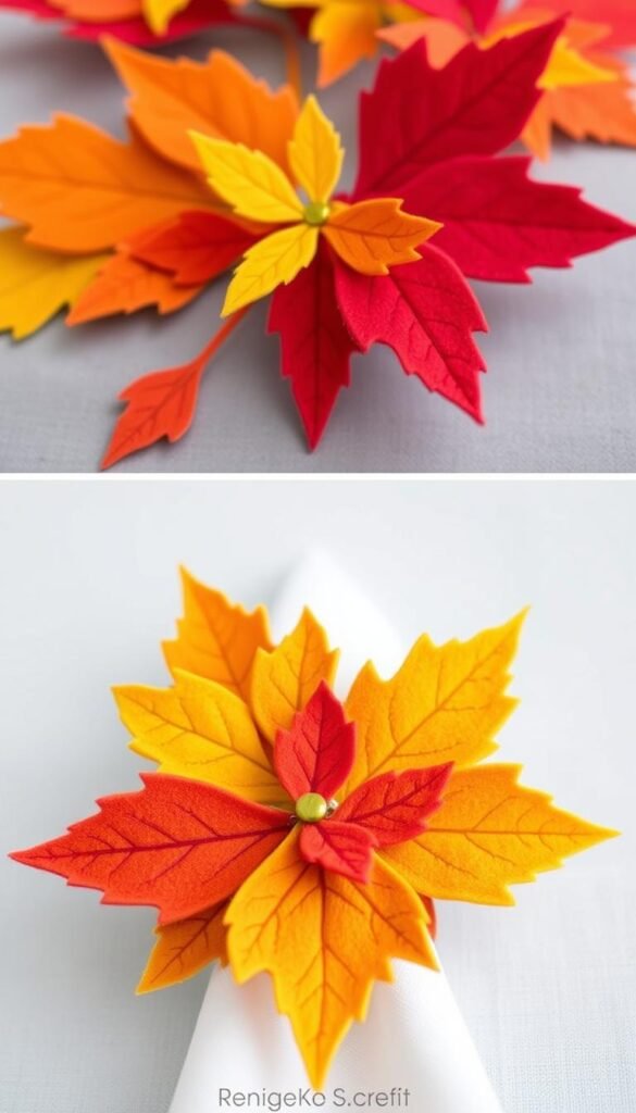 Generate an image of a beautifully crafted felt leaf napkin ring in autumn colors. Generate an image of a beautifully crafted felt leaf napkin ring in autumn colors.