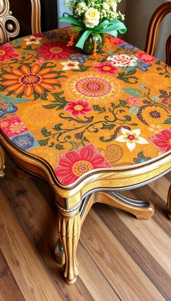 Generate an image of a beautifully decoupaged tabletop with vibrant fabric.