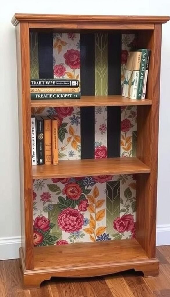 Generate an image of a bookcase with a decoupaged back panel using bright fabric.