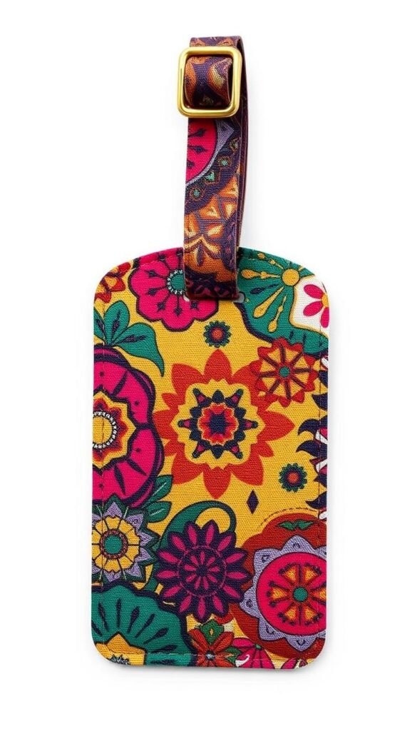 Generate an image of a luggage tag made from colorful fabric.
