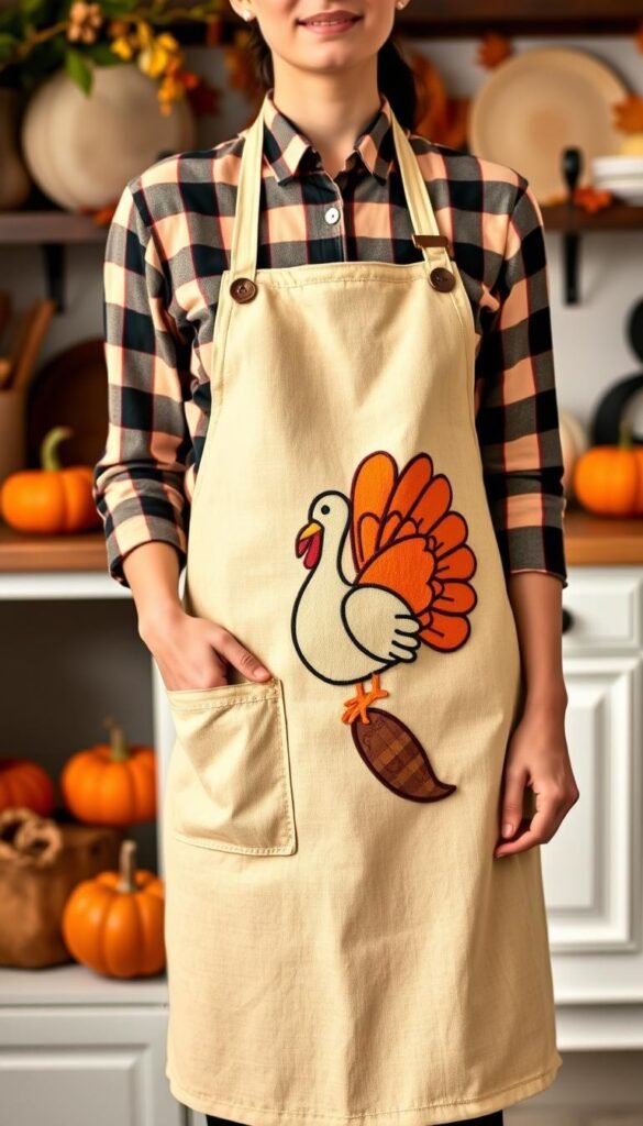 Generate an image of a person wearing a vintage retro apron with a cute turkey appliqué, surrounded by fall-themed kitchen decor. Generate an image of a person wearing a vintage retro apron with a cute turkey appliqué, surrounded by fall-themed kitchen decor.