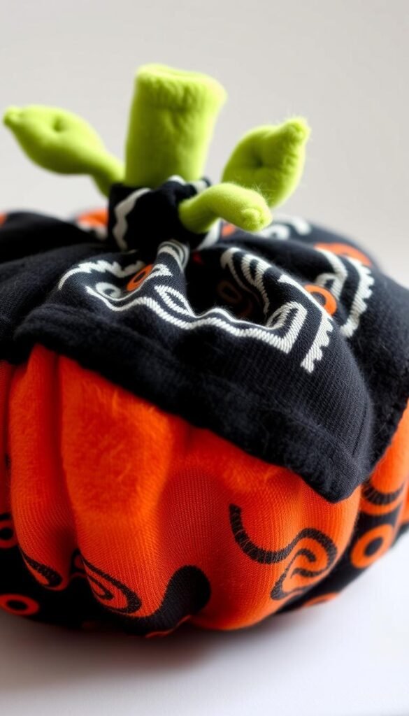Generate an image of a plush pumpkin made from a black bandana. Generate an image of a plush pumpkin made from a black bandana.