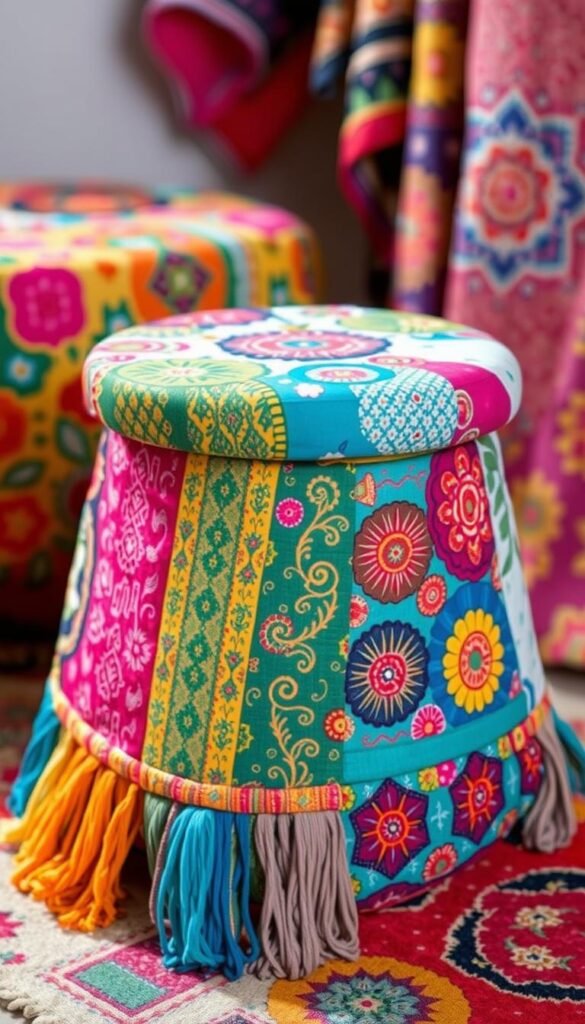 Generate an image of a step stool decorated with colorful fabric.