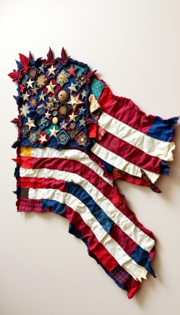 Generate an image of an American flag wall art made from fabric pieces. Generate an image of an American flag wall art made from fabric pieces.