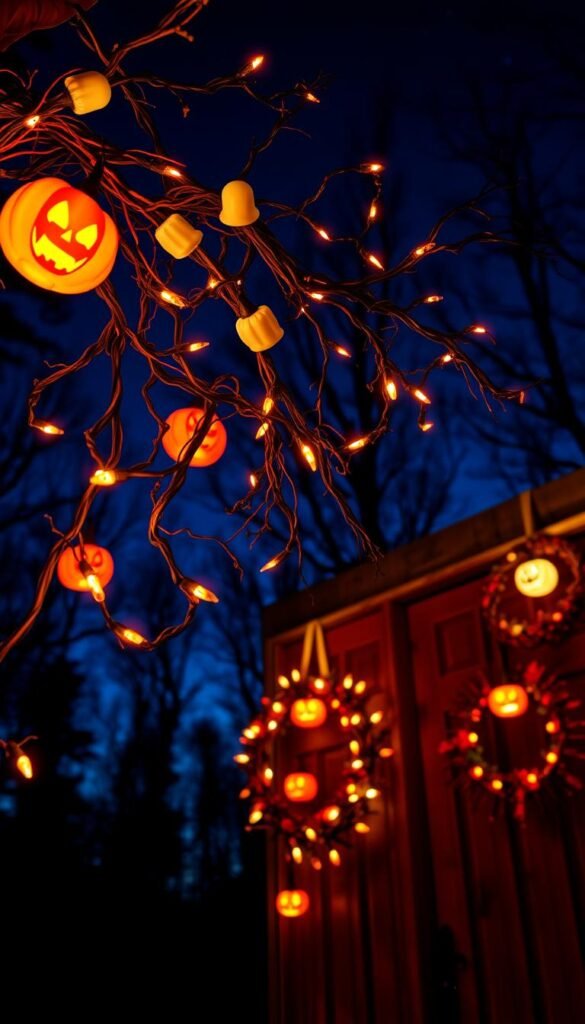 Illuminated Halloween wreaths, their vibrant colors and intricate designs casting a warm glow against the night sky. Delicate twisting vines adorned with glowing jack-o'-lanterns, ghostly white pumpkins, and flickering orange LED lights. In the foreground, a close-up view of an ornate wreath, its intricate patterns and textures emphasized by dramatic side lighting. In the middle ground, a selection of wreaths hanging on a weathered wooden door, their soft luminescence creating an inviting atmosphere. And in the background, a shadowy forest, the trees silhouetted against a starry, indigo-hued night. Capture the enchanting, otherworldly ambiance of these bewitching Halloween decorations. Illuminated Halloween wreaths, their vibrant colors and intricate designs casting a warm glow against the night sky. Delicate twisting vines adorned with glowing jack-o'-lanterns, ghostly white pumpkins, and flickering orange LED lights. In the foreground, a close-up view of an ornate wreath, its intricate patterns and textures emphasized by dramatic side lighting. In the middle ground, a selection of wreaths hanging on a weathered wooden door, their soft luminescence creating an inviting atmosphere. And in the background, a shadowy forest, the trees silhouetted against a starry, indigo-hued night. Capture the enchanting, otherworldly ambiance of these bewitching Halloween decorations.