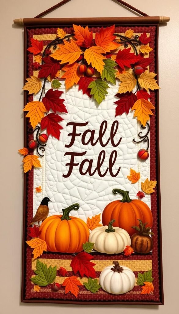 Image of a beautifully crafted fall-themed fabric wall hanging Image of a beautifully crafted fall-themed fabric wall hanging