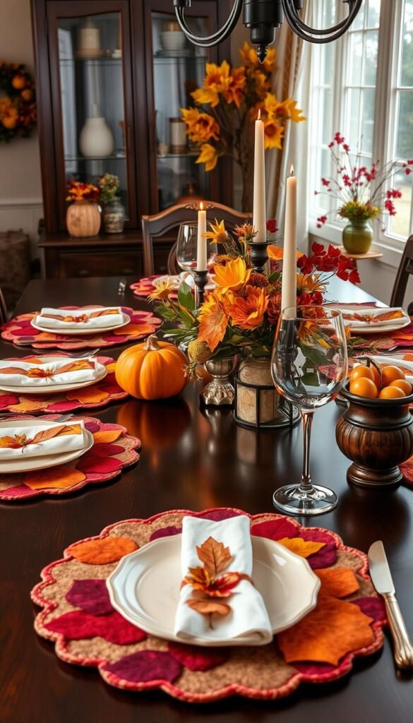 Image of a beautifully set table with handmade fall fabric placemats Image of a beautifully set table with handmade fall fabric placemats