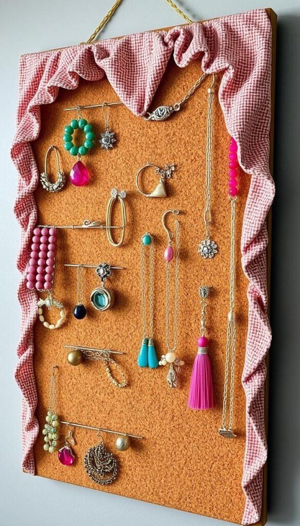 Image of a cork board jewelry organizer covered in fabric Image of a cork board jewelry organizer covered in fabric