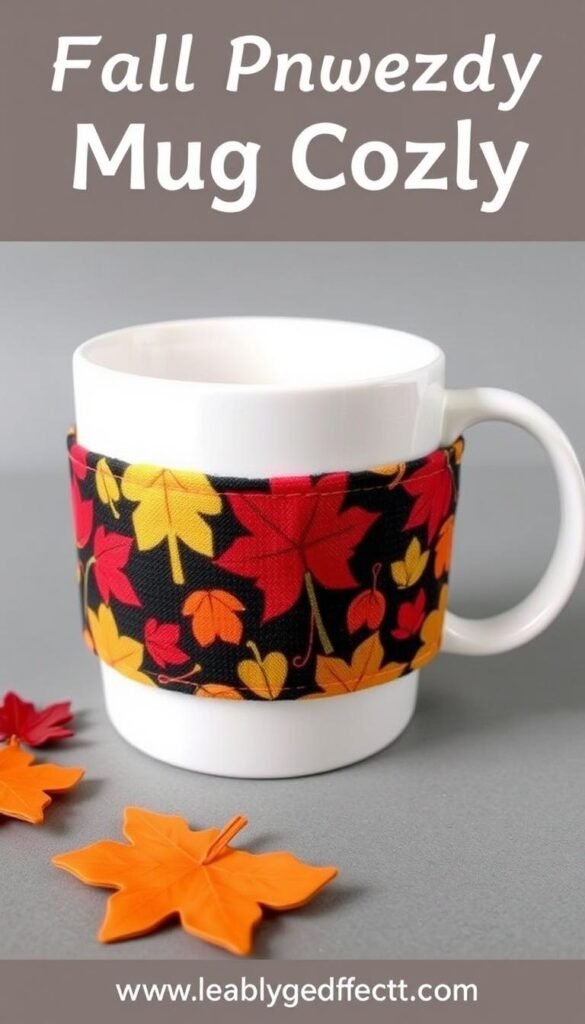 Image of a handmade mug cozy with fall-themed fabric Image of a handmade mug cozy with fall-themed fabric