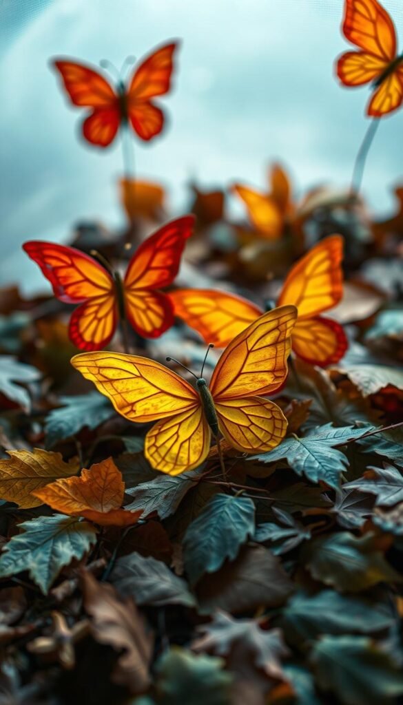 Leaf butterflies crafted from autumn foliage, arranged in a whimsical, nature-inspired scene. Delicate paper wings in vibrant hues of orange, red, and yellow, perched atop a bed of fallen leaves. Soft, diffused lighting illuminates the intricate details, casting gentle shadows that add depth and dimension. The overall composition has a serene, enchanting quality, inviting the viewer to explore the imaginative intersection of nature and craftsmanship. A sense of wonder and creativity radiates from this visually captivating display of leaf butterflies.
