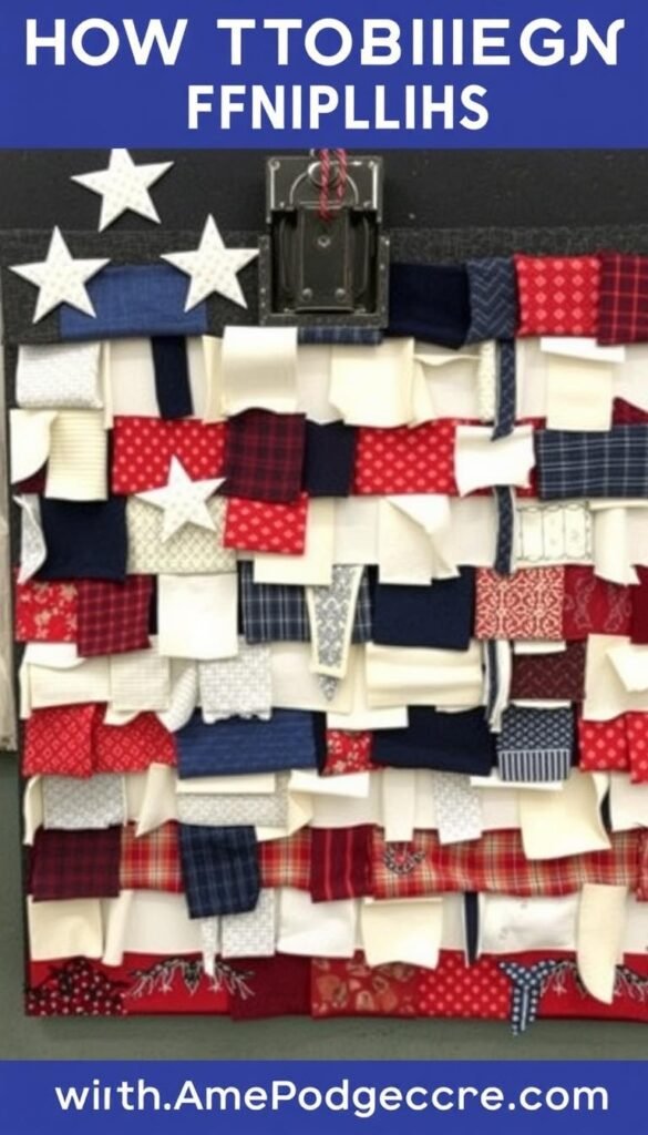 Picture an American flag on canvas made using small fabric pieces and Mod Podge.