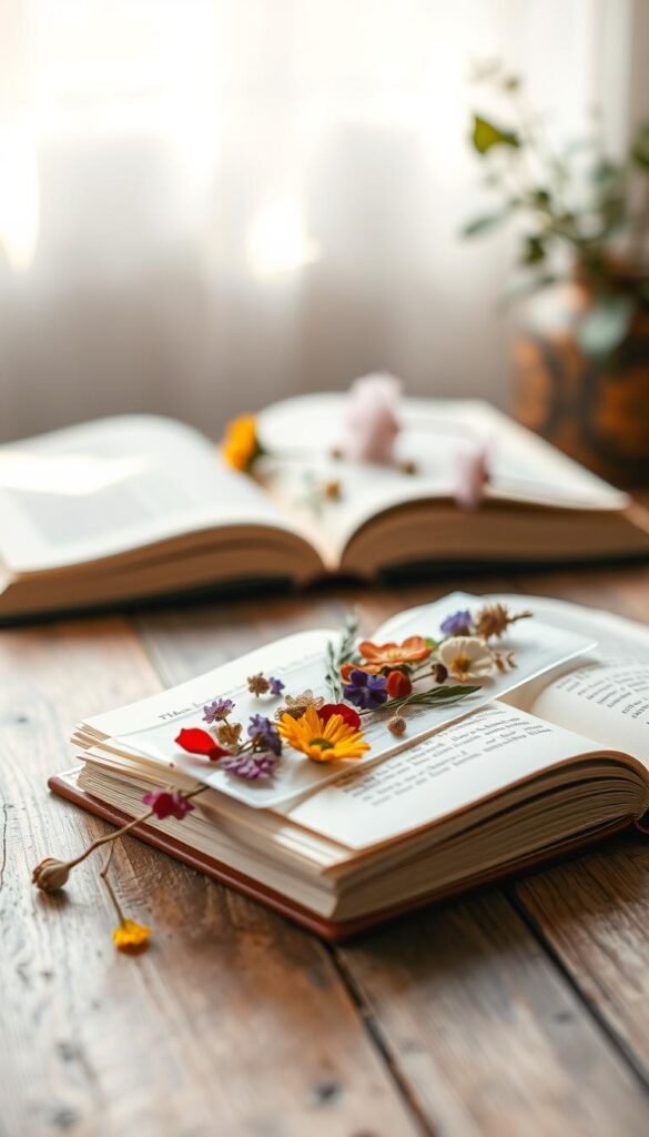 Pressed flower bookmarks, a delicate arrangement of vibrant flora delicately preserved between translucent pages. In the foreground, a stack of handmade bookmarks showcases an array of dried blossoms, petals, and leaves, each one carefully pressed to capture the beauty of nature. The middle ground features a wooden table with a soft, natural lighting that casts a warm glow, highlighting the intricate details of the botanical treasures. In the background, a serene, out-of-focus setting evokes a sense of tranquility, inviting the viewer to imagine these simple, yet elegant gifts adorning the pages of a beloved book. Captured with a shallow depth of field, the image emphasizes the tactile, artisanal quality of these nature-inspired bookmarks.