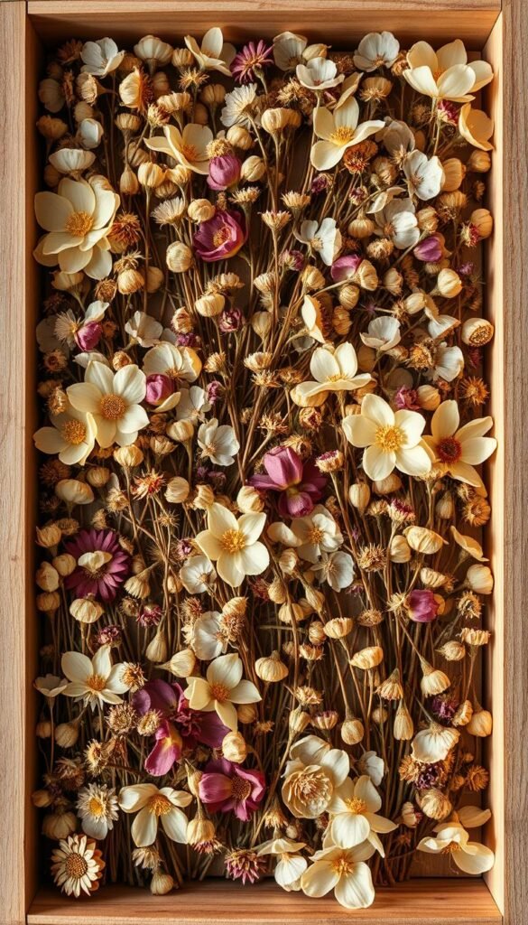 Pressed flowers storage: a wooden crate filled with dried blooms, arranged in rows, bathed in soft, warm lighting. The floral specimens, each carefully preserved, are displayed against a backdrop of natural, earthy tones - a rustic, vintage aesthetic. Delicate petals and leaves are carefully placed, creating a visually captivating and serene composition. The composition is balanced, with the wooden crate framing the pressed flowers, allowing their intricate details to shine. This image conveys the beauty, fragility, and careful preservation of a cherished pressed flower collection.