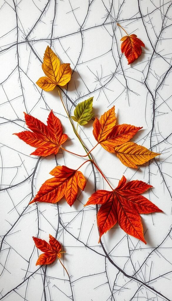 Scratch art with vibrant autumn leaves, creating a mesmerizing textural tapestry. A crisp background of white paper, contrasted with intricate black lines etched to reveal the natural patterns and hues of the leaves. Delicate greens, fiery oranges, and rich reds form the focal points, their shapes and edges defined by the scratched lines. Soft, diffused lighting casts gentle shadows, adding depth and dimension to the artwork. The composition is balanced, with the leaves artfully arranged to guide the viewer's eye across the frame. An organic, nature-inspired piece that captures the essence of the autumn season.