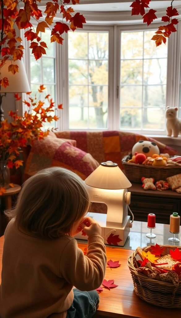 Seasonal fabric crafts: a cozy autumn scene with vibrant fall foliage, a patchwork quilt in warm hues, and a basket brimming with scraps of patterned cloth. In the foreground, a young child sewing a felt leaf garland, backlit by the soft glow of a table lamp. The middle ground showcases a sewing machine and spools of thread, while the background features a large bay window overlooking a tree-lined landscape. The overall mood is one of homespun comfort and creative inspiration, perfect for a family-friendly DIY project. Seasonal fabric crafts: a cozy autumn scene with vibrant fall foliage, a patchwork quilt in warm hues, and a basket brimming with scraps of patterned cloth. In the foreground, a young child sewing a felt leaf garland, backlit by the soft glow of a table lamp. The middle ground showcases a sewing machine and spools of thread, while the background features a large bay window overlooking a tree-lined landscape. The overall mood is one of homespun comfort and creative inspiration, perfect for a family-friendly DIY project.