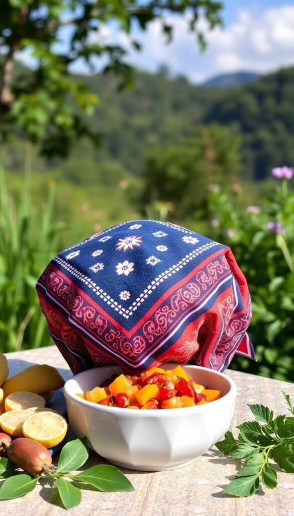 Show a bandana bowl cover being used to cover a bowl of food outdoors. Show a bandana bowl cover being used to cover a bowl of food outdoors.