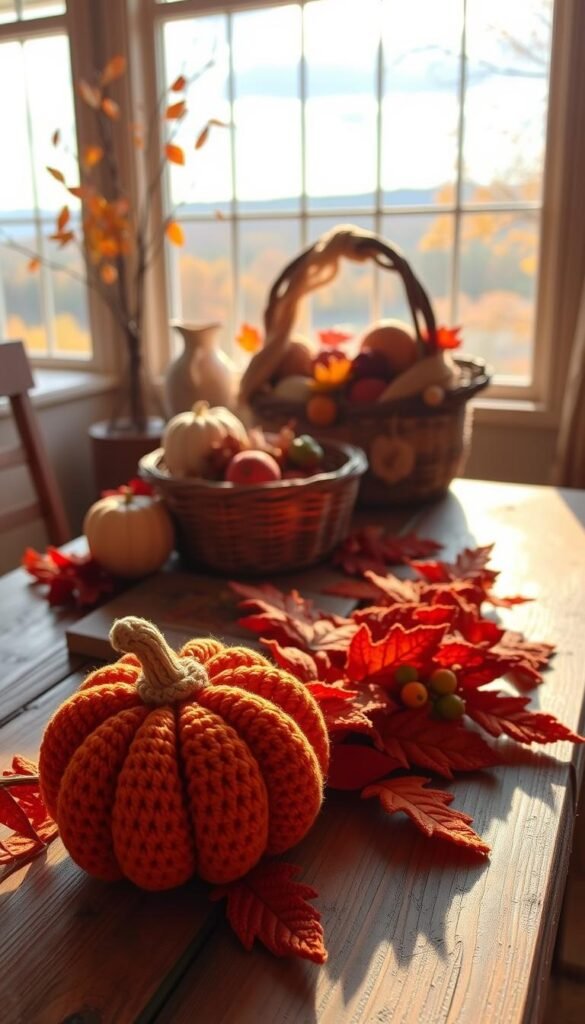 a cozy autumn scene showcasing an assortment of handcrafted crochet items arranged on a rustic wooden table. in the foreground, a plush crochet pumpkin, garland, and decorative leaves in warm hues of orange, red, and brown. in the middle ground, a crochet wreath and a basket overflowing with more crochet decor pieces. in the background, a window overlooking a scenic fall landscape, with sunlight streaming in and casting a gentle, warm glow on the scene. the overall mood is one of coziness, craftsmanship, and the comforts of the autumn season.
