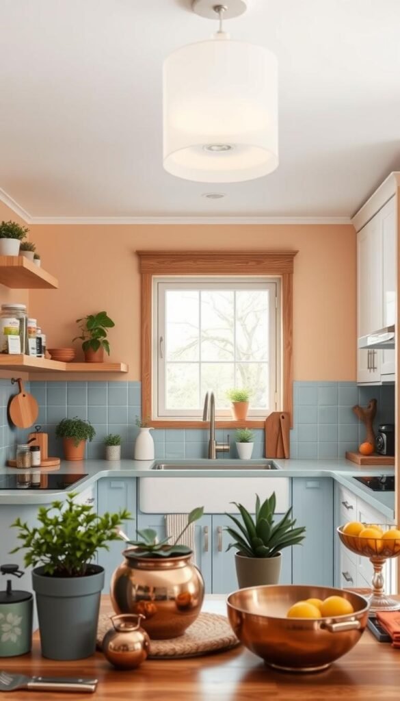 a cozy, well-lit kitchen with warm color accents that create an inviting and spacious atmosphere. the kitchen counter and backsplash are a soft, muted blue, complemented by white cabinets and natural wood tones. a large window in the middle ground floods the space with natural light, casting a gentle glow on the room. in the foreground, various kitchen accessories and decor, such as potted plants, copper cookware, and a vintage-inspired fruit bowl, add pops of color and texture. the overall composition emphasizes efficient use of space and a harmonious color palette that makes the small kitchen feel bright, airy, and visually expanded.