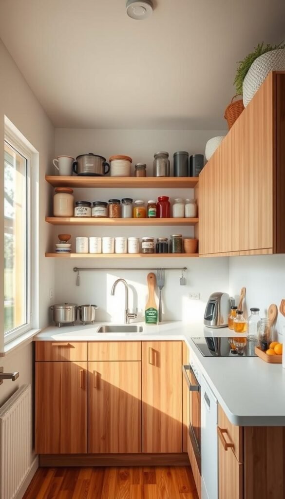 a cozy, well-organized tiny kitchen interior with clever storage solutions. a minimalist kitchen layout with sleek wooden cabinets, open shelving, and a compact countertop. the space is flooded with warm, natural lighting from a large window, casting a soft glow on the clean, white walls. various storage containers, jars, and small appliances are neatly arranged on the shelves, creating a visually pleasing and functional design. the overall atmosphere is warm, inviting, and efficient, showcasing smart storage ideas for a space-constrained kitchen.