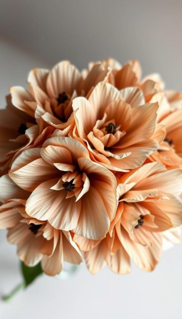 a delicate bouquet of paper flowers crafted from coffee filters, their petals gently curled and layered, arranged in a soft, natural composition. The filters are a warm, neutral tone, with subtle shades of brown, beige, and ivory, creating a rustic, earthy aesthetic. The flowers are illuminated by soft, diffused lighting, casting gentle shadows and highlights that accentuate their intricate textures and forms. The background is slightly blurred, allowing the flowers to take center stage, their beauty and simplicity the focal point of the image.