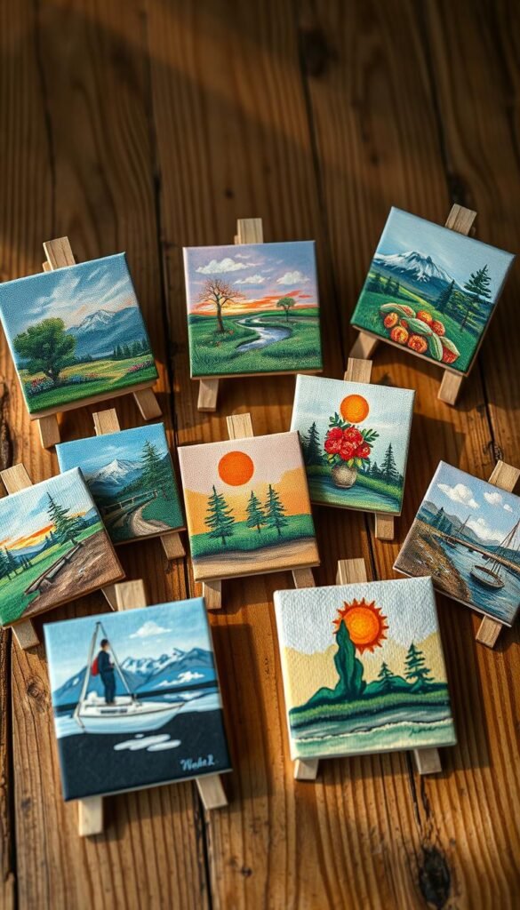 a highly detailed and intricate scene of several mini canvas paintings arranged on a wooden surface, with a natural, warm lighting illuminating the compositions. The paintings depict a variety of subjects, including landscapes, still lifes, and abstract designs, each showcasing a unique creative style and technique. The canvases are of varying sizes, from 4x4 inches to 8x10 inches, and are positioned in an aesthetically pleasing arrangement, allowing the viewer to appreciate the diversity and potential of these small-scale works. The wooden surface has a slightly worn, rustic appearance, adding to the overall sense of artistry and creativity. The scene conveys a sense of inspiration and the endless possibilities for self-expression through the medium of mini canvas painting.