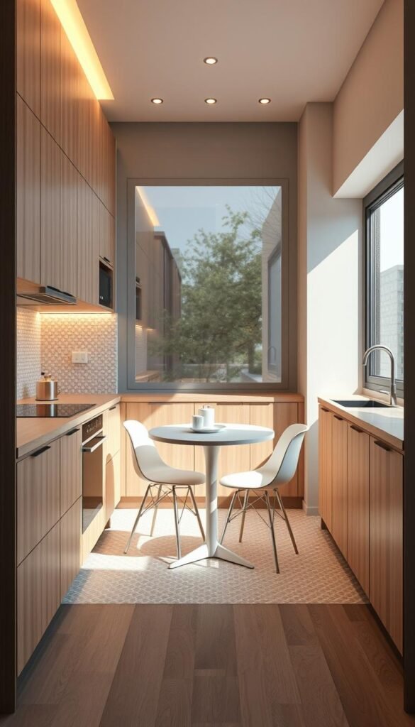a highly detailed, photorealistic image of an innovative and compact kitchen interior with modern, space-saving design elements. The kitchen features sleek, minimalist cabinetry in a light wood tone, with hidden storage and integrated appliances that maximize the limited floor space. The backsplash is a stylish, patterned tile that adds visual interest. A small, round dining table with two minimalist chairs is positioned in the center, bathed in warm, natural lighting from a large window. Subtle accent lighting illuminates the workspace, creating a cozy and inviting atmosphere. The scene captures the clever use of vertical space, multifunctional furniture, and clever storage solutions that transform this tiny kitchen into a highly functional and aesthetically pleasing living space.