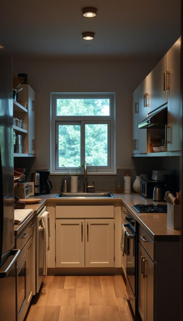 a minimalist kitchen with poorly designed storage solutions, such as cluttered countertops, overstuffed cabinets, and disorganized shelving. The kitchen is dimly lit, with a sense of frustration and overwhelm. The layout is cramped, with appliances and fixtures that are not positioned for optimal workflow. The walls are a neutral color, adding to the drab, uninspired atmosphere. Through a window, a glimpse of a vibrant, lush outdoor scene can be seen, creating a stark contrast between the small, poorly designed kitchen and the potential for a more harmonious, functional space.