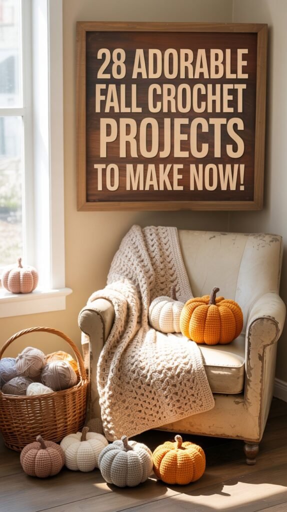 A photograph of a warmly lit, cozy living room showcasing various partially completed crochet projects. A cream-colored afghan draped over the back of a worn armchair sits next to a basket overflowing with colorful yarn balls and several half-finished crochet pumpkins. Centered prominently on a wooden pinboard above the armchair is the text "28 Adorable Fall Crochet Projects to Make Now!" in large, clear, slightly rustic lettering. Soft, diffused sunlight streams through a nearby window, casting gentle shadows and highlighting the textures of the yarn and fabric.