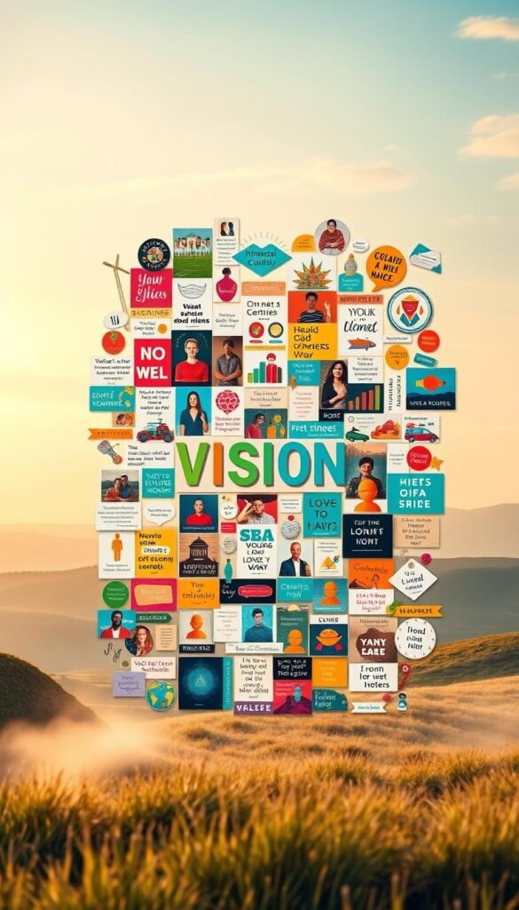 a vibrant and inspiring vision board, featuring a collage of various themes and ideas, arranged in a harmonious and visually captivating manner. The foreground showcases a diverse array of images, symbols, and icons representing personal goals, aspirations, and motivations, such as financial stability, career advancement, health and wellness, and personal growth. The middle ground features a selection of affirmations, inspiring quotes, and colorful textural elements that add depth and dimension to the composition. The background presents a soft, dreamy landscape, with a warm, inviting color palette and subtle lighting that creates a sense of tranquility and focus, allowing the viewer to immerse themselves in the vision board's message. The overall scene conveys a sense of clarity, purpose, and the power of visualization in the pursuit of one's dreams. a vibrant and inspiring vision board, featuring a collage of various themes and ideas, arranged in a harmonious and visually captivating manner. The foreground showcases a diverse array of images, symbols, and icons representing personal goals, aspirations, and motivations, such as financial stability, career advancement, health and wellness, and personal growth. The middle ground features a selection of affirmations, inspiring quotes, and colorful textural elements that add depth and dimension to the composition. The background presents a soft, dreamy landscape, with a warm, inviting color palette and subtle lighting that creates a sense of tranquility and focus, allowing the viewer to immerse themselves in the vision board's message. The overall scene conveys a sense of clarity, purpose, and the power of visualization in the pursuit of one's dreams.