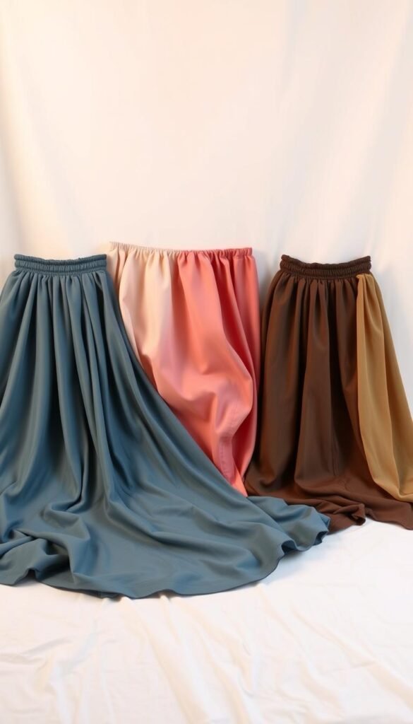 a well-lit studio setting featuring a variety of different elastic waist skirt fabrics, including satin, chiffon, cotton, and polyester. The fabrics are arranged on a clean, neutral-colored background, allowing the textures and colors to take center stage. The lighting is soft and diffused, creating a warm, inviting atmosphere. The camera angle is slightly elevated, providing a comprehensive view of the fabric selection. The overall mood is one of inspiration and creativity, encouraging the viewer to envision the possibilities for their own easy elastic waist skirt sewing project.