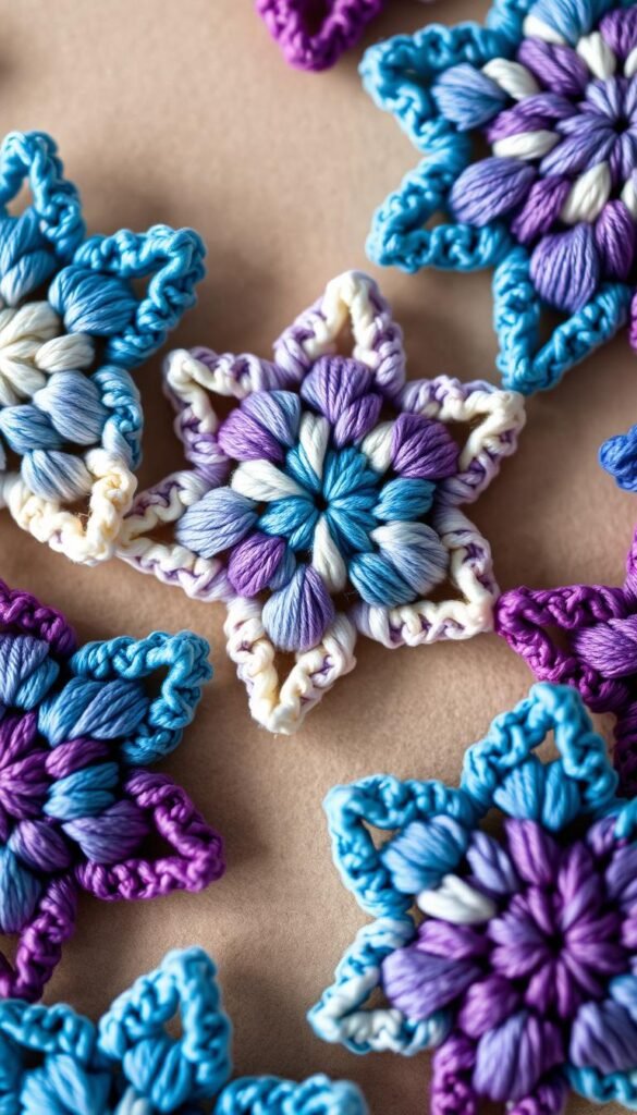 crochet star patterns, detailed close-up view of vibrant colored yarn in shades of blue, purple, and white, arranged in intricate star-shaped designs, shot with a high-resolution macro lens, soft diffused lighting creates a warm, cozy atmosphere, sharp focus on the texture and stitching of the crocheted pieces, arranged on a neutral background to emphasize the delicate patterns