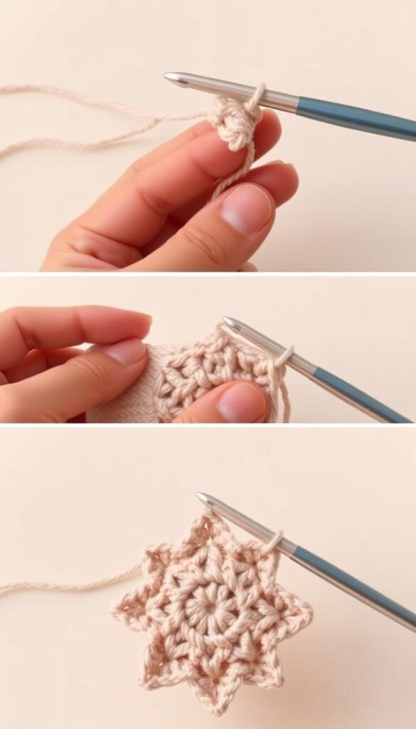 crochet star step by step, close-up view of a hand demonstrating the star stitch technique, showing the progression of loops and stitches, soft warm lighting, clean minimalist background, high-resolution, detailed and realistic, intricate stitching patterns, natural shadows and highlights, showcasing the technique in a clear and educational manner, visually engaging and informative