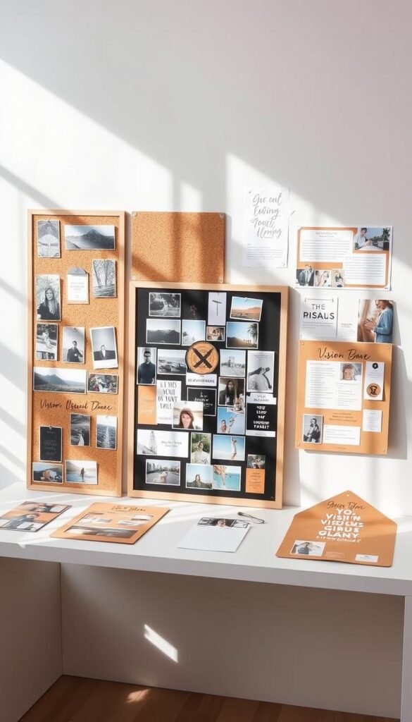 types of vision boards displayed on a clean white table, natural sunlight illuminating the arrangement, different shapes and sizes of vision boards made with various materials like cork, cardboard, and photo paper, each board showcasing a collage of images, motivational quotes, and personal goals, a minimalist and organized composition capturing the diversity and versatility of vision board techniques types of vision boards displayed on a clean white table, natural sunlight illuminating the arrangement, different shapes and sizes of vision boards made with various materials like cork, cardboard, and photo paper, each board showcasing a collage of images, motivational quotes, and personal goals, a minimalist and organized composition capturing the diversity and versatility of vision board techniques