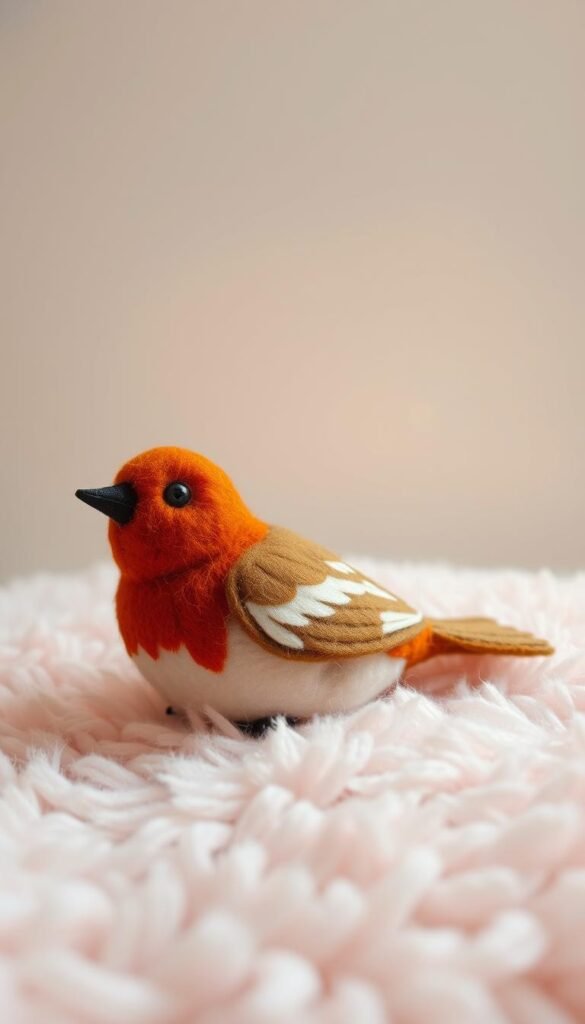 A beautifully crafted, delicate felt bird ornament rests gently on a soft, plush surface. The bird's intricate feathers are meticulously detailed, with a vibrant mix of warm colors and textures. Soft lighting from above casts a gentle glow, highlighting the ornament's three-dimensional form and creating a cozy, inviting atmosphere. The ornament is framed by a minimal, neutral background, allowing the craftsmanship and artistry of the piece to shine. The overall scene evokes a sense of holiday cheer and the charm of handmade, homemade decorations.