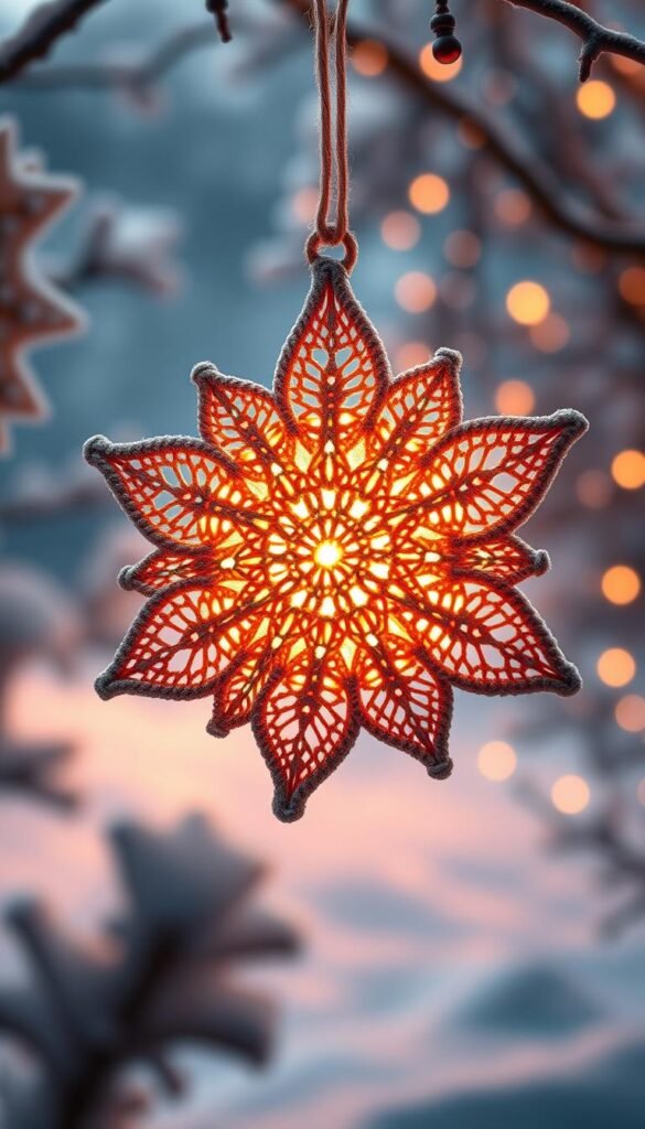 A beautifully detailed, high-resolution 3D crochet star ornament, meticulously crafted with intricate patterns and textures, floating in a warm, softly lit winter scene. The star is the focal point, with a delicate glow emanating from its center, casting a gentle, festive ambiance. The background features a serene, snowy landscape with a hint of twinkling stars in the distance, creating a peaceful, magical atmosphere. Excellent depth of field, with the star in sharp focus and the background softly blurred. Vibrant, jewel-toned colors and a cinematic, high-quality lighting setup.