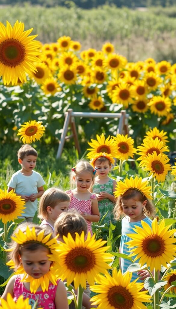 A bright and cheerful field of sunflowers, their large yellow petals stretching towards the warm summer sun. In the foreground, a group of happy children engaged in various sunflower-themed activities - planting seeds, making flower crowns, and gently observing the intricate patterns of the sunflower heads. The middle ground features a small wooden play area with a sunflower-themed swing and slide, surrounded by lush green grass. In the background, a cluster of mature sunflowers sway gently in a light breeze, creating a serene and inviting atmosphere. The lighting is soft and natural, casting a golden glow over the entire scene. Captured with a wide-angle lens to showcase the breadth of the activities and the tranquil setting.