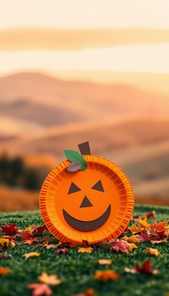 A cheerful, colorful paper plate pumpkin craft set against a warm, autumnal backdrop. In the foreground, a vibrant orange paper plate forms the base, decorated with textured paper cutouts to create a whimsical pumpkin face. The middle ground features a scattering of autumn leaves in shades of red, yellow, and orange, adding depth and a seasonal feel. The background showcases a soft, blurred landscape of rolling hills, with a golden-hued sky and a gentle, diffused lighting that casts a cozy, inviting atmosphere. The overall composition creates a charming, DIY-inspired scene perfect for illustrating a preschool-friendly fall craft project.