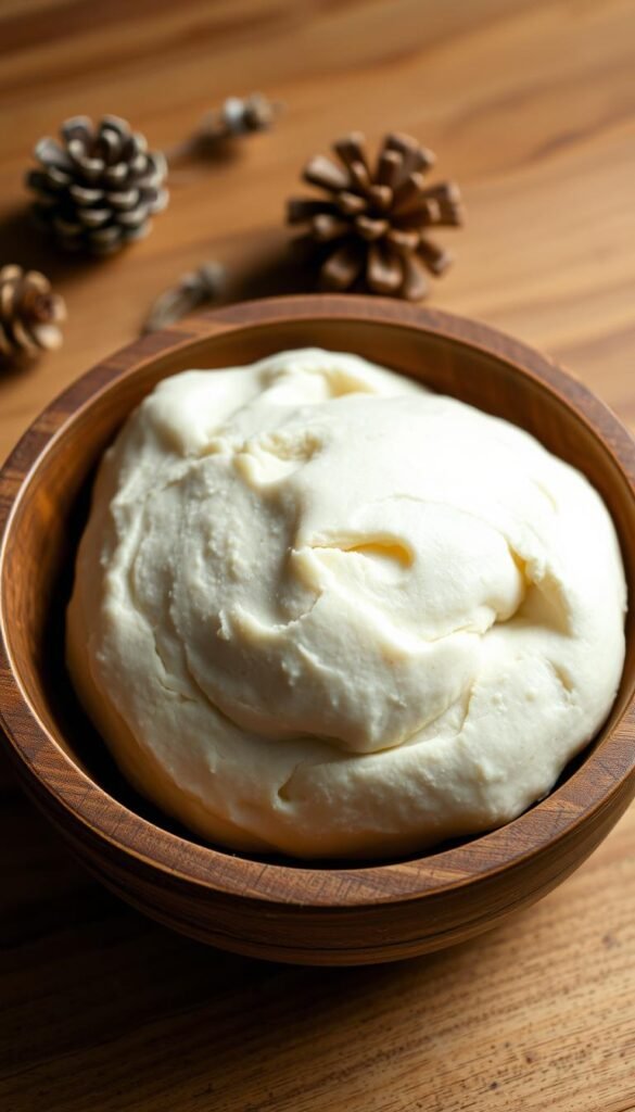 A close-up shot of homemade salt dough in an artisanal rustic wooden bowl, with a natural, warm lighting that casts soft shadows. The dough has a smooth, pliable texture, with a delicate off-white color and a matte finish. In the background, a simple wooden table or countertop, with a few pinecones or dried flowers scattered around, creating a cozy, festive atmosphere. The overall composition is clean, minimal, and highlights the natural beauty of the handcrafted salt dough, perfect for DIY Christmas crafts.
