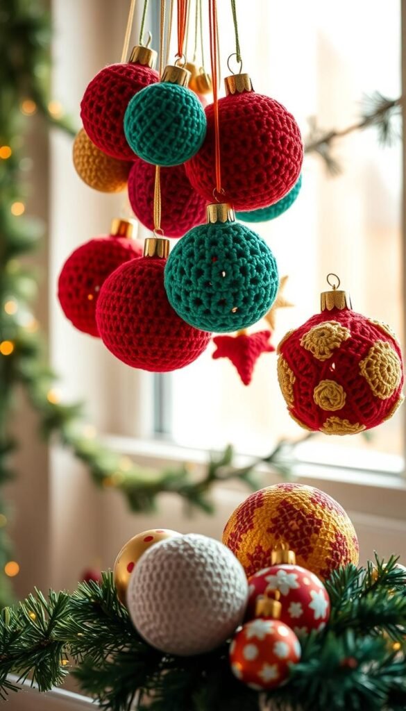 A cluster of vibrant, intricately crocheted Christmas baubles suspended against a warm, cozy backdrop. Soft, textured orbs in an array of festive hues - crimson, emerald, gold - gently swaying in natural lighting, casting delicate shadows. The foreground features a diverse assortment of traditional spheres, as well as whimsical shapes like stars and hearts, all meticulously handcrafted with intricate stitches. In the middle ground, a few baubles rest on a surface, highlighting the tactile nature of the crochet work. The background evokes a sense of holiday cheer, perhaps with muted, out-of-focus garlands or twinkling fairy lights. The overall atmosphere is one of homespun charm and festive celebration.